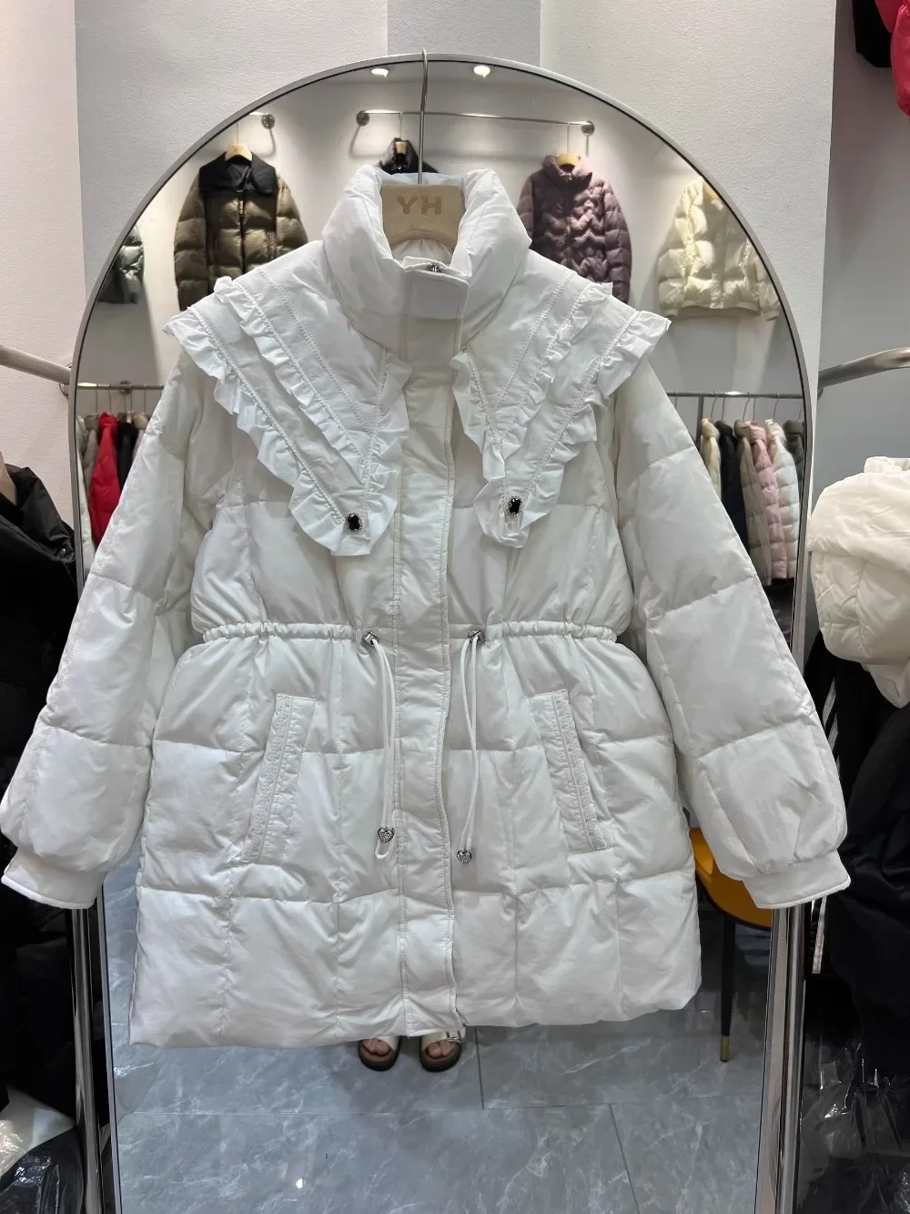 Casual Fashion Warm Coat Female Korean 2024 New Winter Navy Edition Stand Collar Drawstring Waist White Duck Down Jacket Women