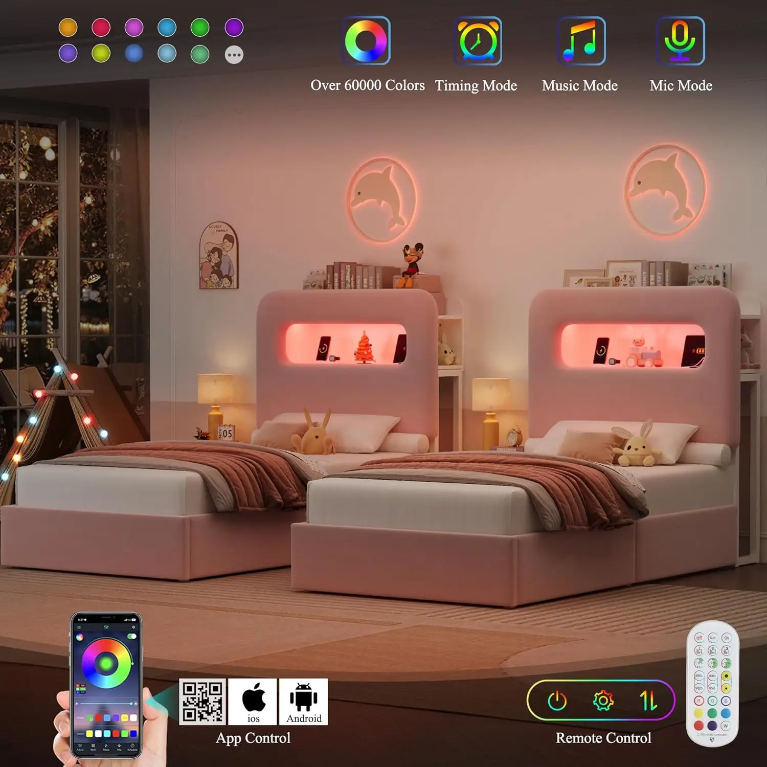 저장 헤드보드가 있는 핑크 트윈 LED 침대 프레임, 서랍 2개, USB 포트, 벨벳, 박스 스프링 필요 없음