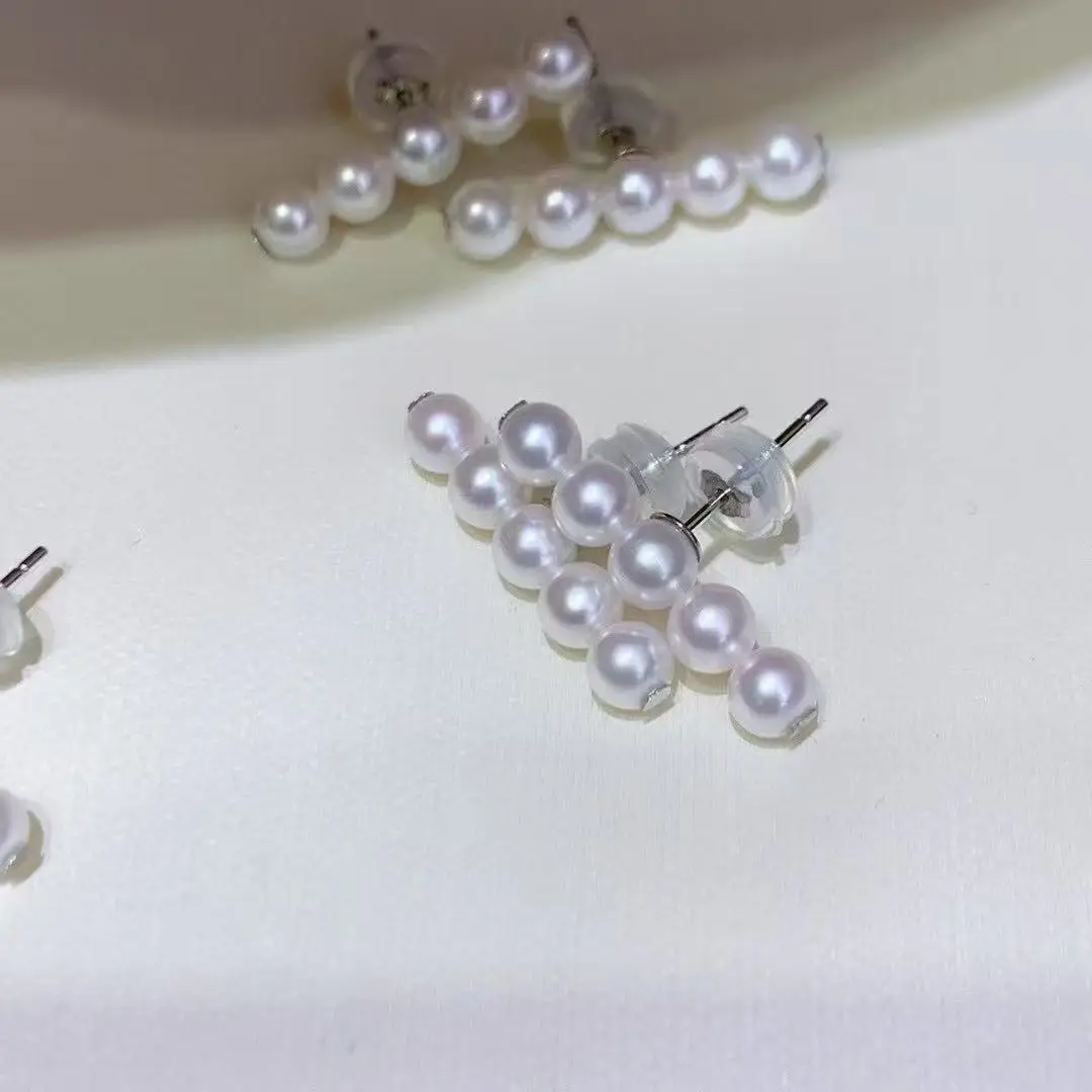 

2025/New Five Pearl Balance Beam Earrings AAAA5-6mm Natural Japanese Round Pearl Earrings 925s
