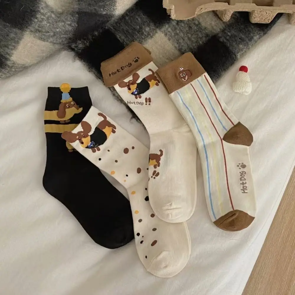 2Pairs Breathable Cute Cotton Socks Dachshund Patchwork Striped Socks Polka Point Hosiery Tube Socks Women Students