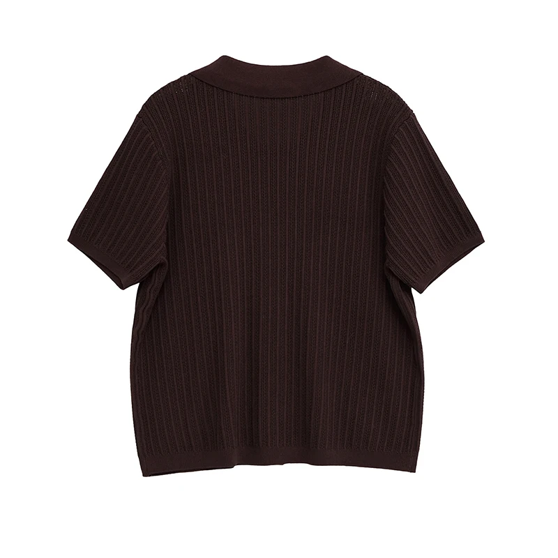 YENKYE Front Button Brown Hollow Out Knit T Shirt Women Short Sleeve Lapel Collar Female Summer Tees Casual  Lady Shirts 2025