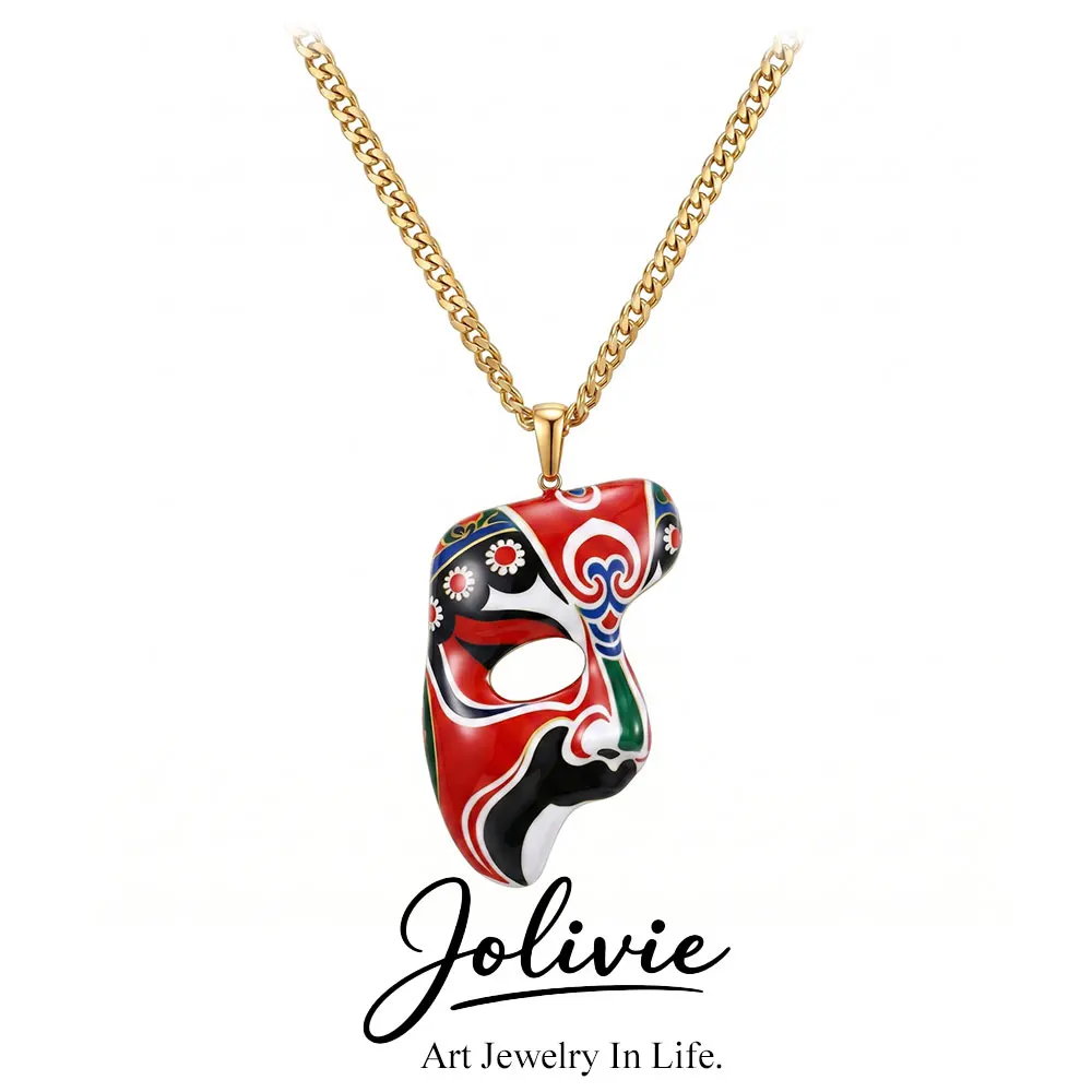 Jolivie Stainless Steel Peking Opera Mask Pendants Neckalce For Women Trendy 18k PVD Gold Plated Necklace Punk Choker Chain