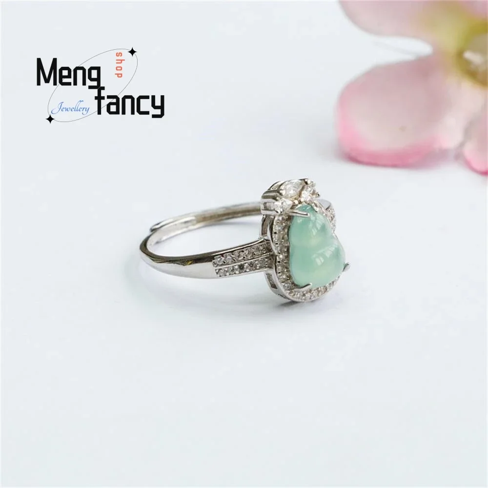 S925 Silver Lnlaid Natural Jadeite Ice Blue Water Gourd Ring Exquisite Elegant Simple High-grade Couple Luxury Quality Jewelry