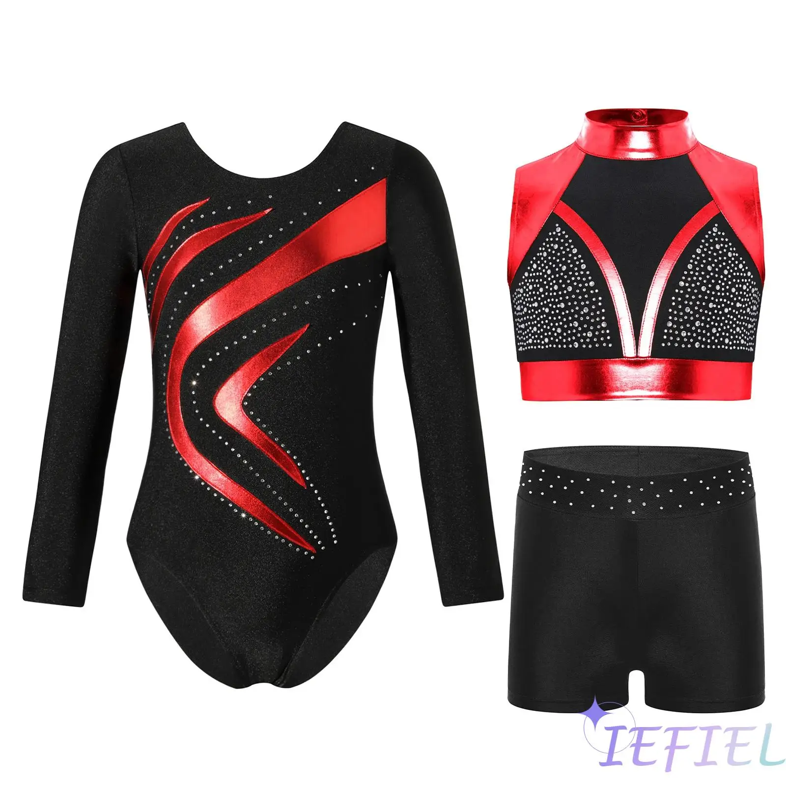 

3Pcs Girls Gymnastics Ballet Dance Outfits Long Sleeve Metallic Shiny Leotard+Shiny Rhinestones Metallic Tank Crop Top+Shorts