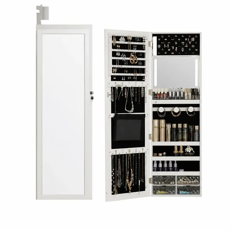 Full Body Mirror Wall Mounted Wooden Jewelry Storage Cabinet Multi Functional Dressing Mirror with LED Light Simple Design