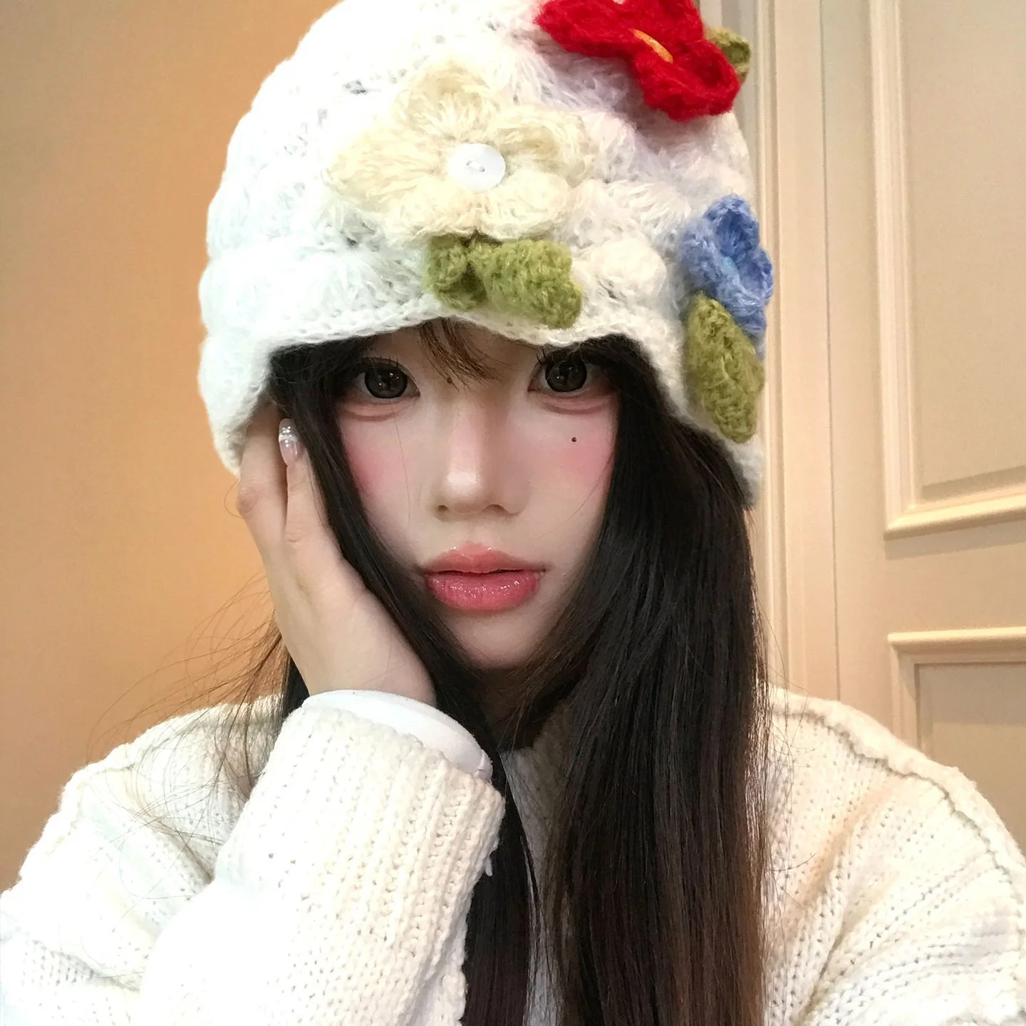 Ethnic Style Colored Flower Knitted Beanie Cap Women's Autumn Winter Warm Wool Hat Handmade Stitch Crochet Pullover Hat