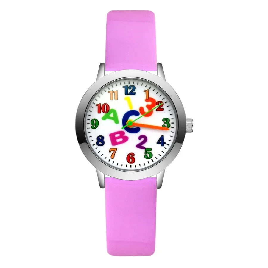 Montre arc-en-ciel en cuir à quartz pour enfants, bracelet en nylon, lettre de dessin animé, marque haut de gamme, vente en gros d'usine, étudiants, filles, garçons