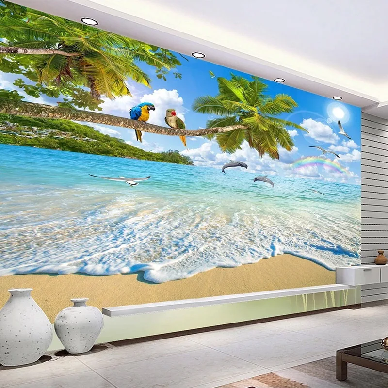 

Custom Wall Mural Waterproof Canvas Wallpaper Mediterranean Landscape Painting Parrot Dolphin Beach Blue Sky Living Room Decor