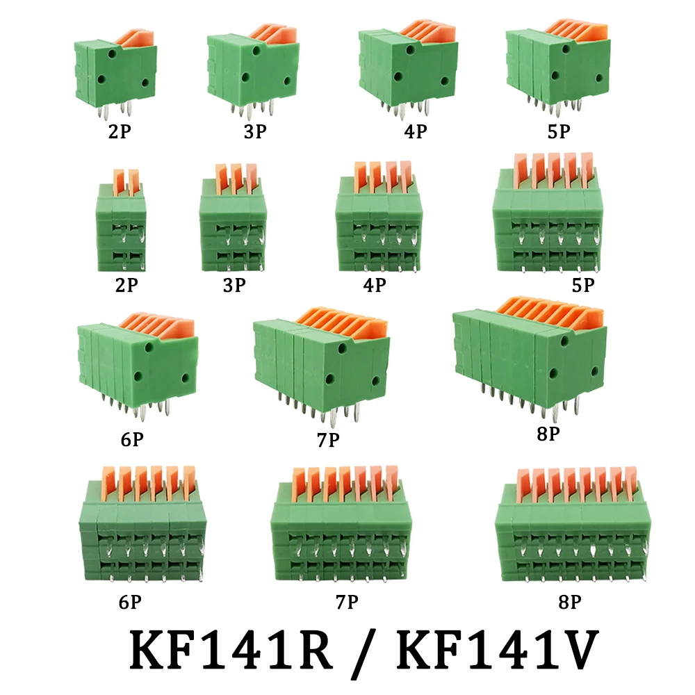 5/10Pcs 2.54mm Pitch KF141V KF141R PCB Mounted Spring Screwless Straight / Bent Foot 2/3/4/5/6/7/8/9/10 Pin Plug Terminal Blocks