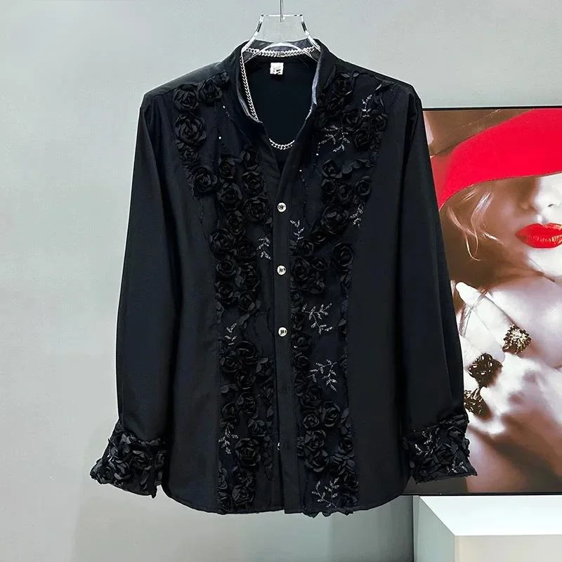 Niche Design Long Sleeve Male Shirt Fashion Versatile Three-Dimensional Rose Embroidery Decoration Casual Men Tops ZG49