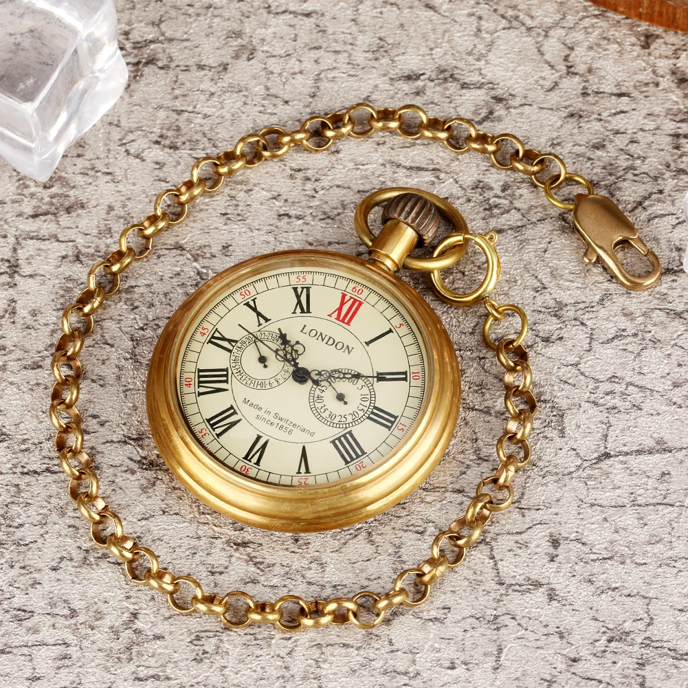 Vintage Brass Mechanical Pocket Watch with Roman Numerals 5-Pointers Design Fob Chain Pendant Clock for Men Women Gift