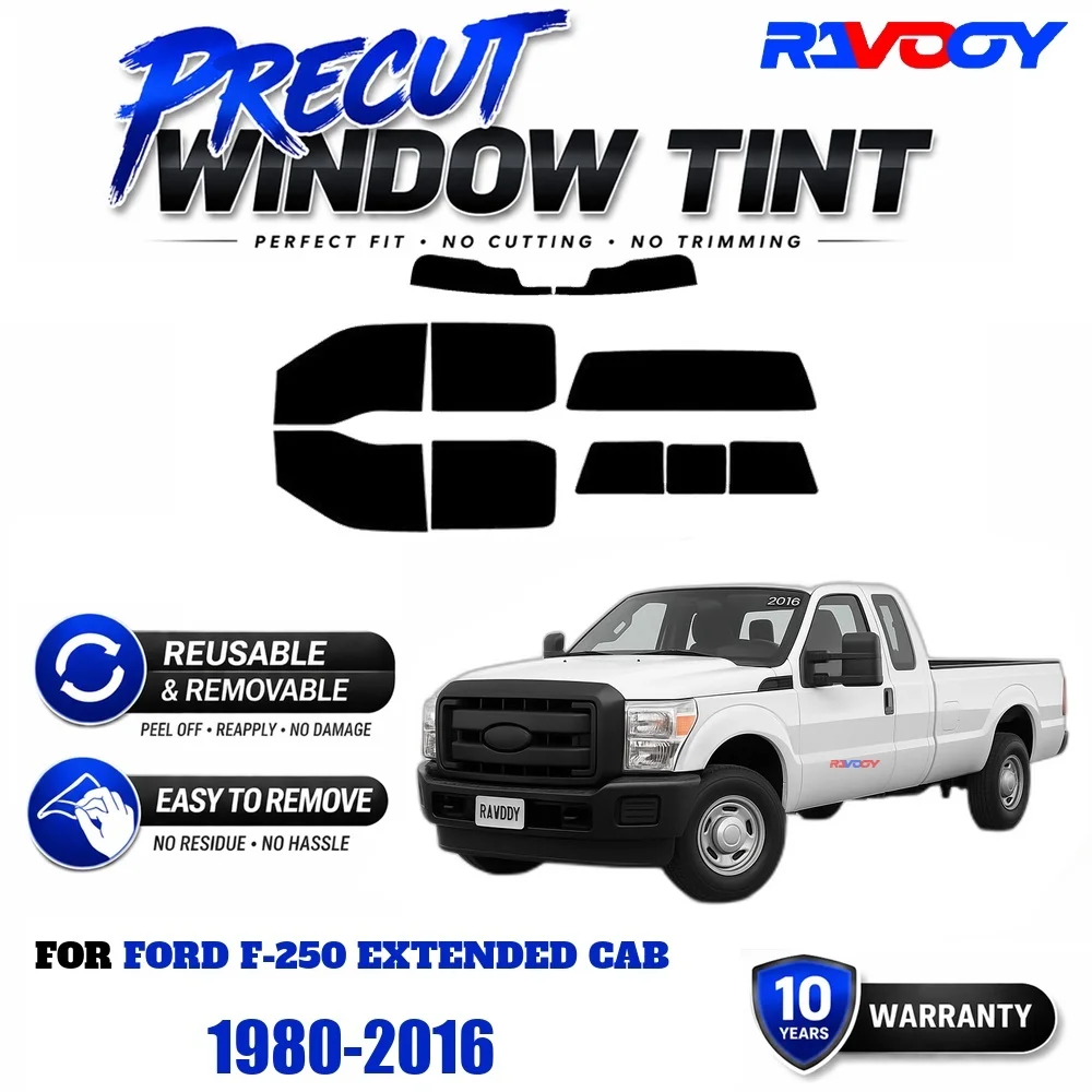 RAVOOY Precut Window Tint, Reusable Removable EPU Film, Custom Fit for Ford F-250 Extended Cab 1980-2016, UV Heat Protection