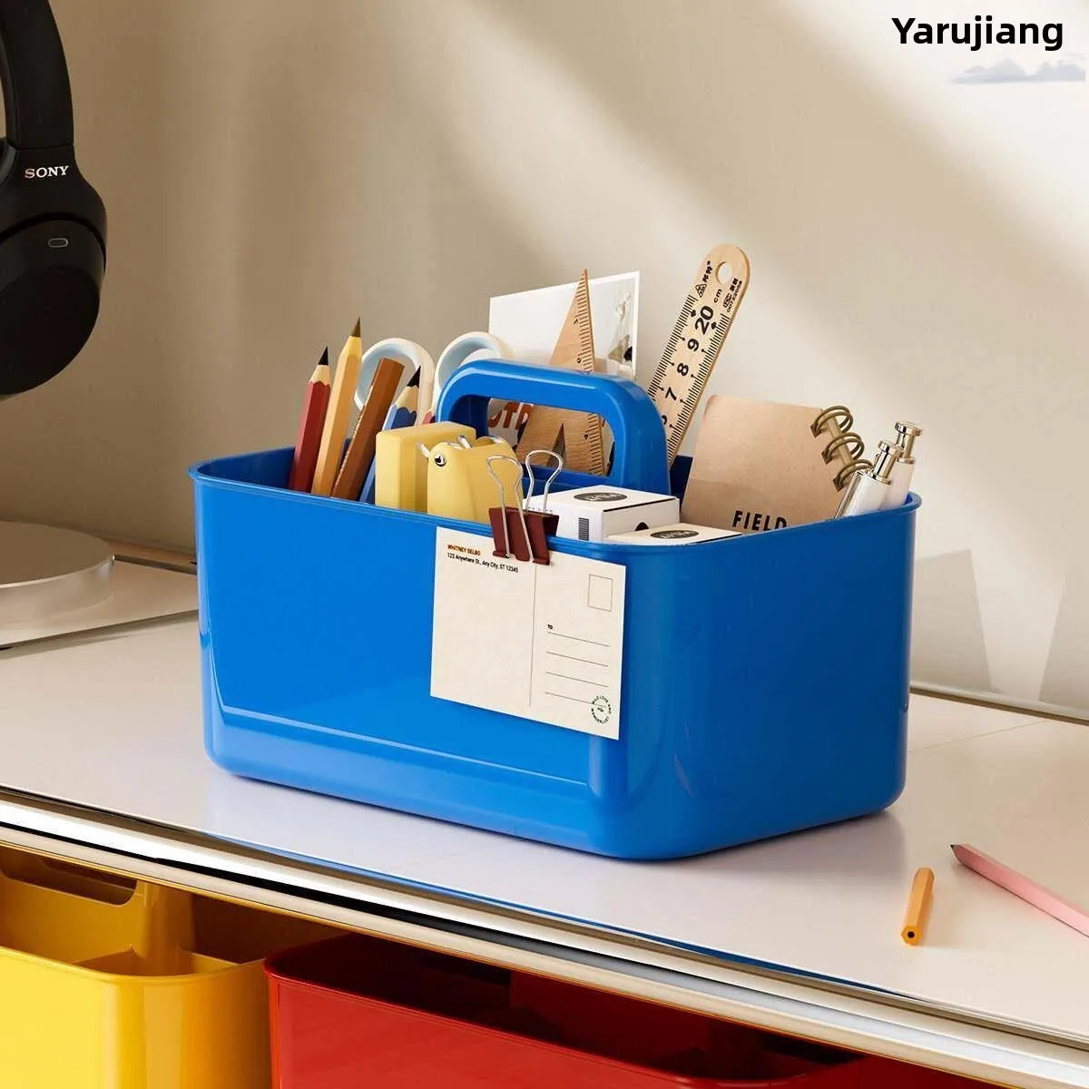 

Desktop Organizer Basket Handheld Divided Cosmetic Office Dormitory Stationery Box Bathroom Storage Caddy Simple Square Shape