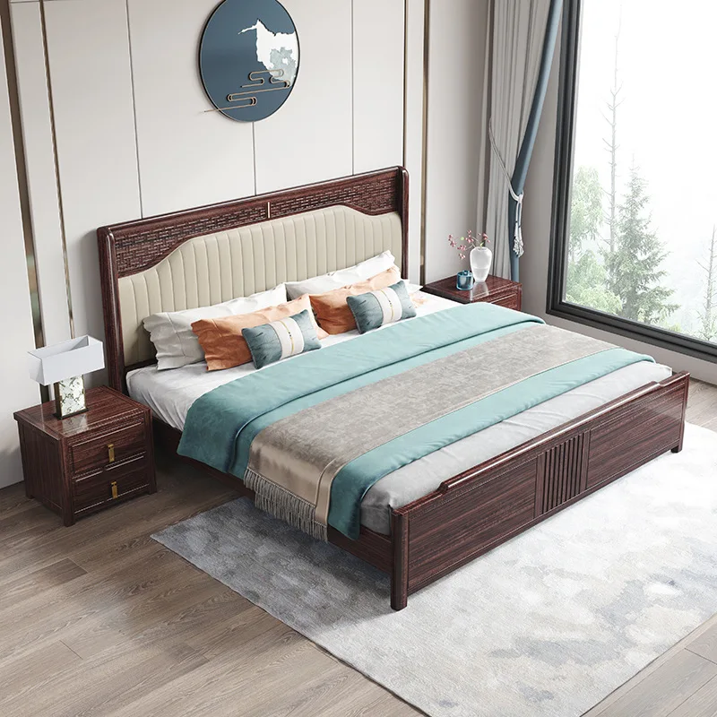 Wujinmu New Chinese Solid Wood Double Bed Small Unit Master Bedroom Storage Wooden Bed Classical Bedroom Furniture WJ1510