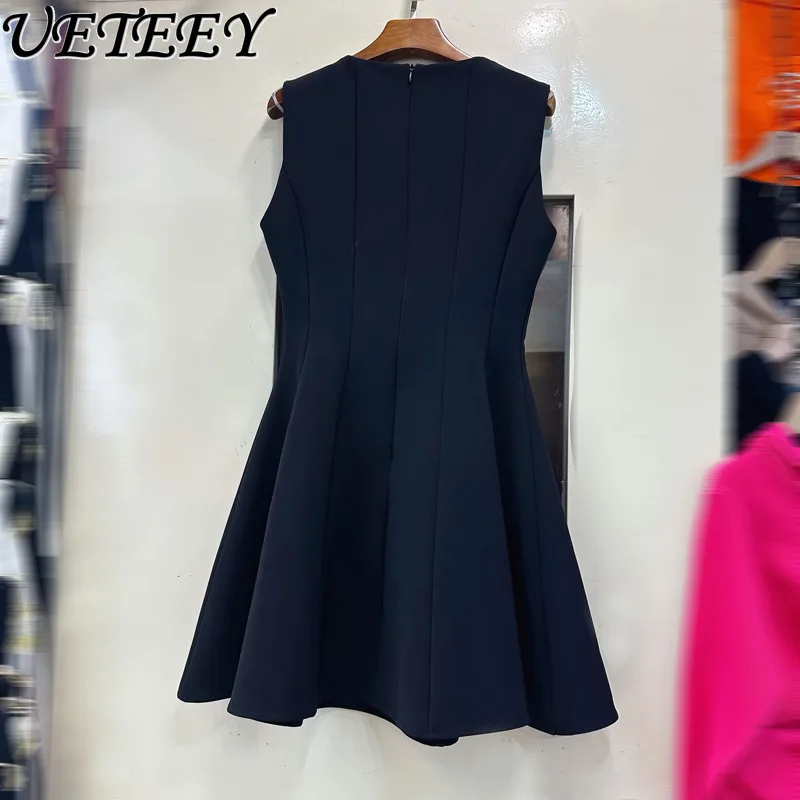 الفرنسية أنيقة ساحة طوق الصناعة الثقيلة مسمار الحفر سترة دون أكمام فستان صيف جديد عالية الخصر حفلة عيد ميلاد فساتين قصيرة