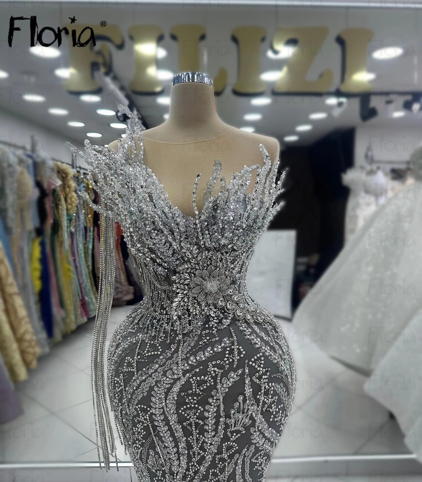 Arabic Silver Strapless Evening Dress Middle East Beaded Crystals Formal Prom Gowns Elegant for Wedding Party Gowns Pegant Dress