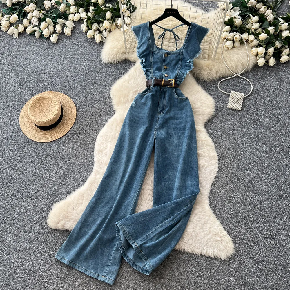 Denim Jumpsuits For Woman Trendy Sexy Girl Square Neck Wide Leg Women's Summer Denim Overalls Slim Summer Outfit