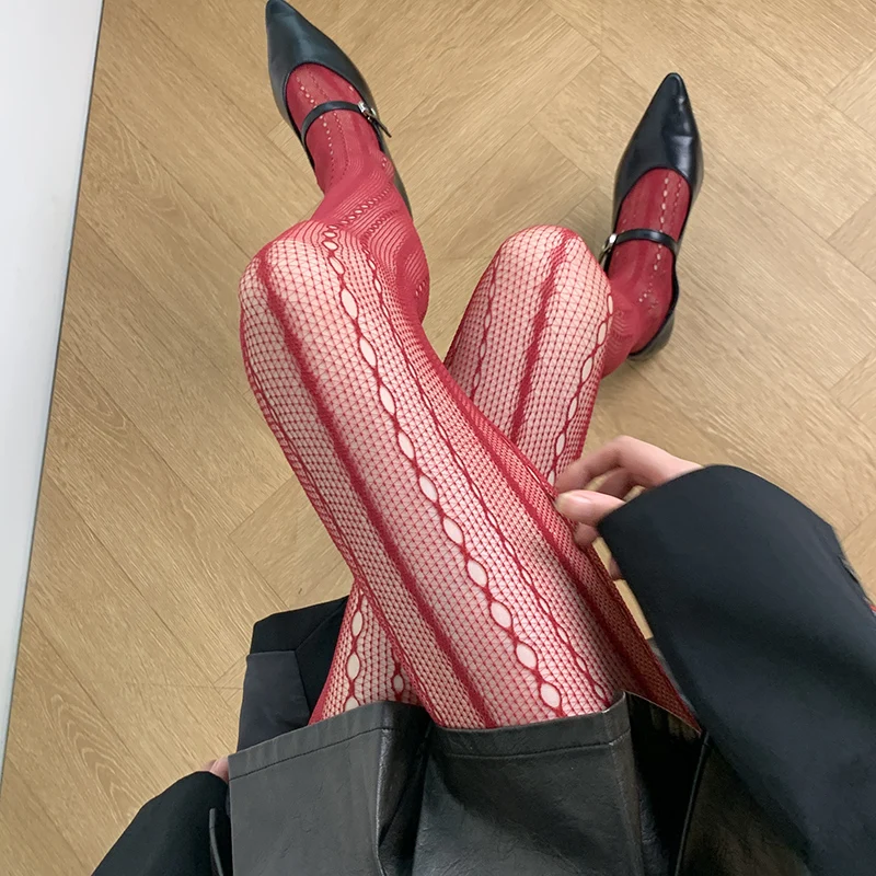 Femmes Sexy Costumes chaîne rouge rayé collants rétro évider Design sens dentelle rayure verticale Jacquard maille résille collants