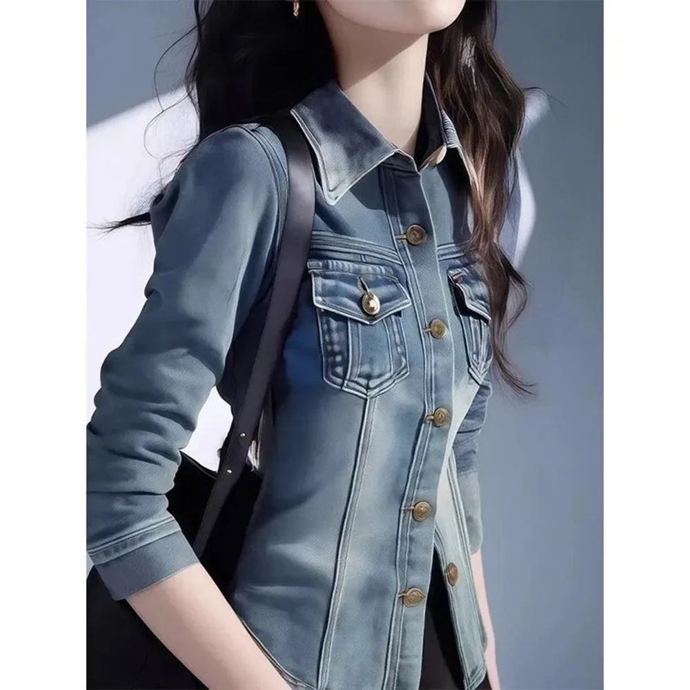 

Autumn New High-end chic Denim Polo Collar Waist Shirt Woman Korean Fashion Denim Shirt Tops Casual Female Fashion Short Blouse