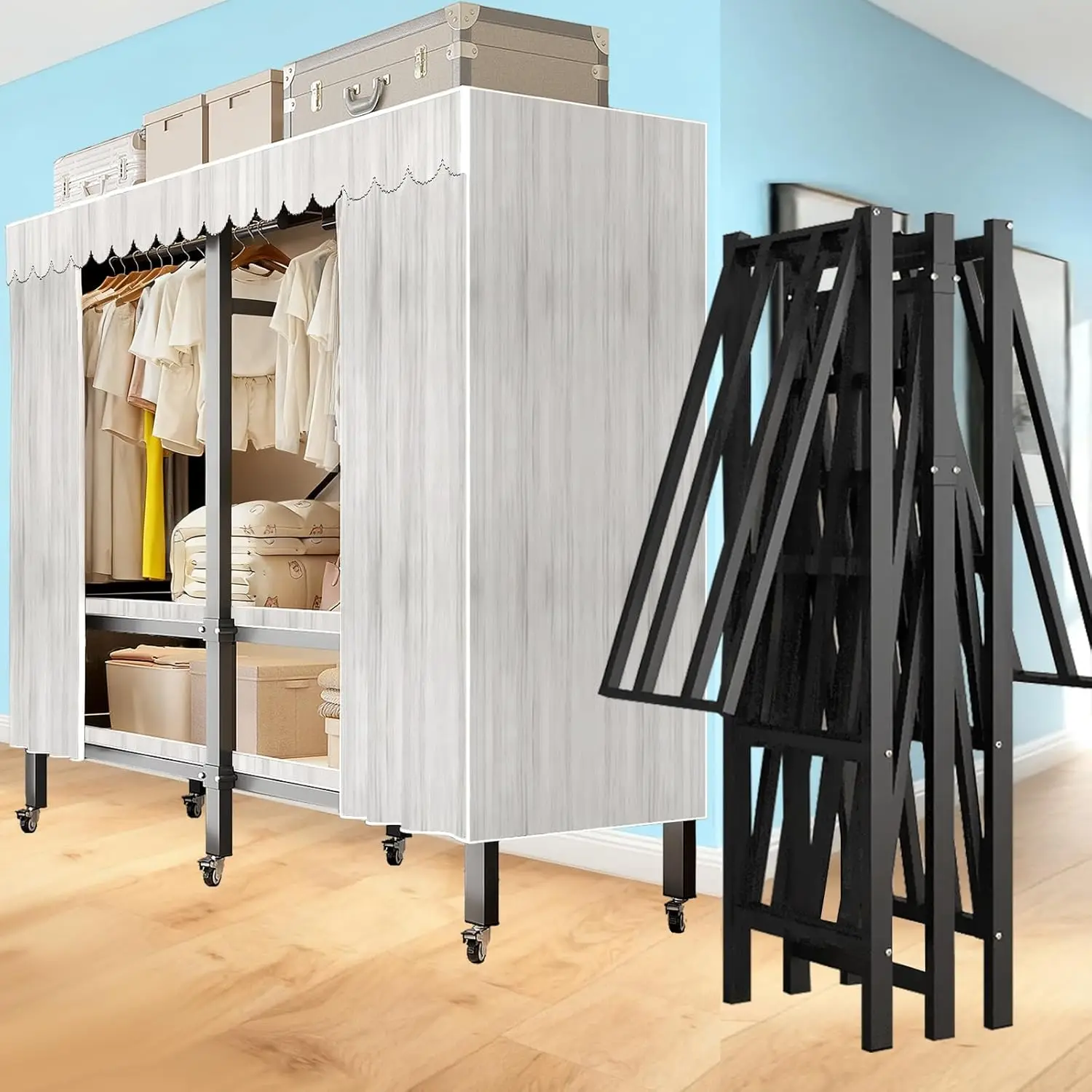 #Heavy Duty 2000LB Foldable Garment Rack with Cover Wheels Clothes Hanging Storage 70.86in, Customized