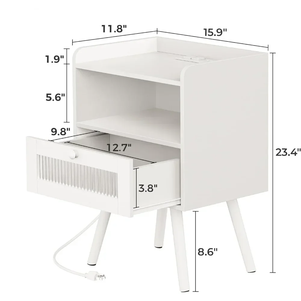 Night Stand Set of 2, Nightstand with Charging Station and LED Light Strips, Bedside Table with Glass Decorative Drawer