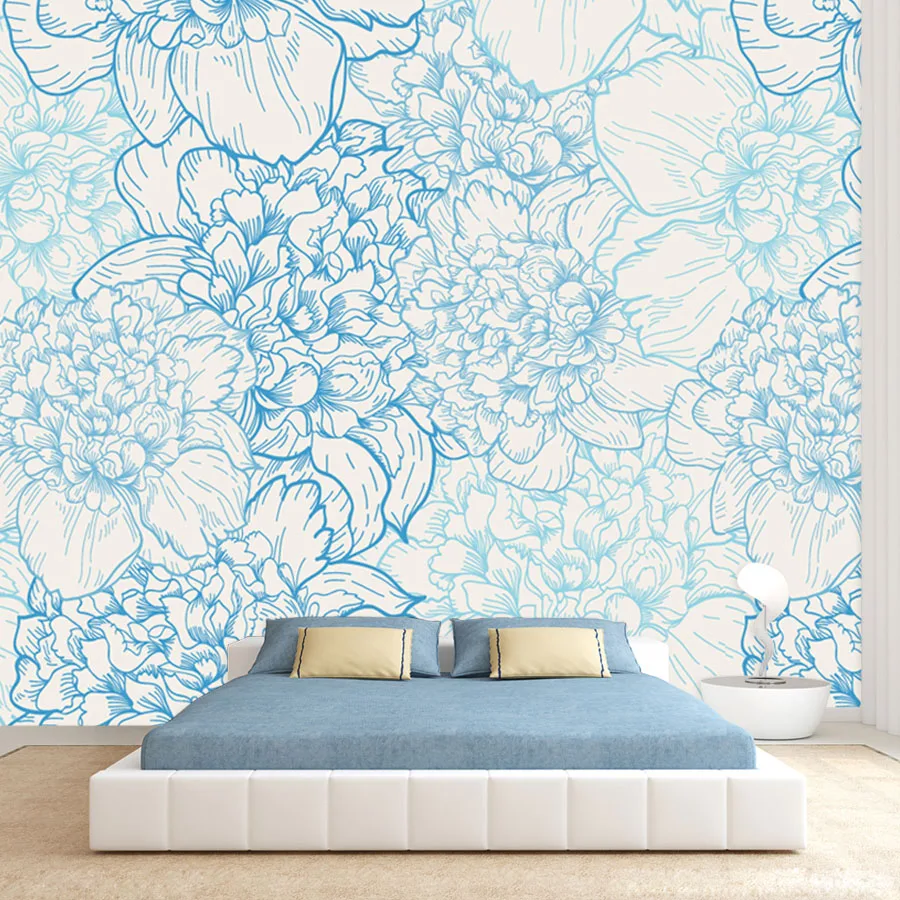 15+ Waterproof Blue Peony Pastel Self Adhesive Wallpaper Wall Papers Art Home Decor for Living Room Furniture Renovation Mural