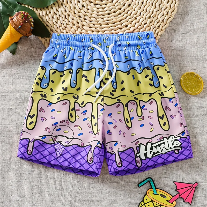 

Colorful Ice Cream Graphic Beach Shorts For Men 3d Printed Cartoon Hawaiian Swimming Trunks Summer Streetwear Loose Board Shorts