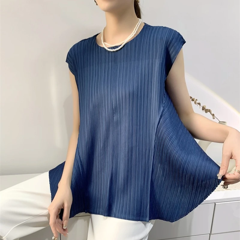 Miyake Pleated T-Shirt Summer New Simple Fashion Irregular Sleeveless Loose Casual Round Neck Women's Lightweight Stretch Top