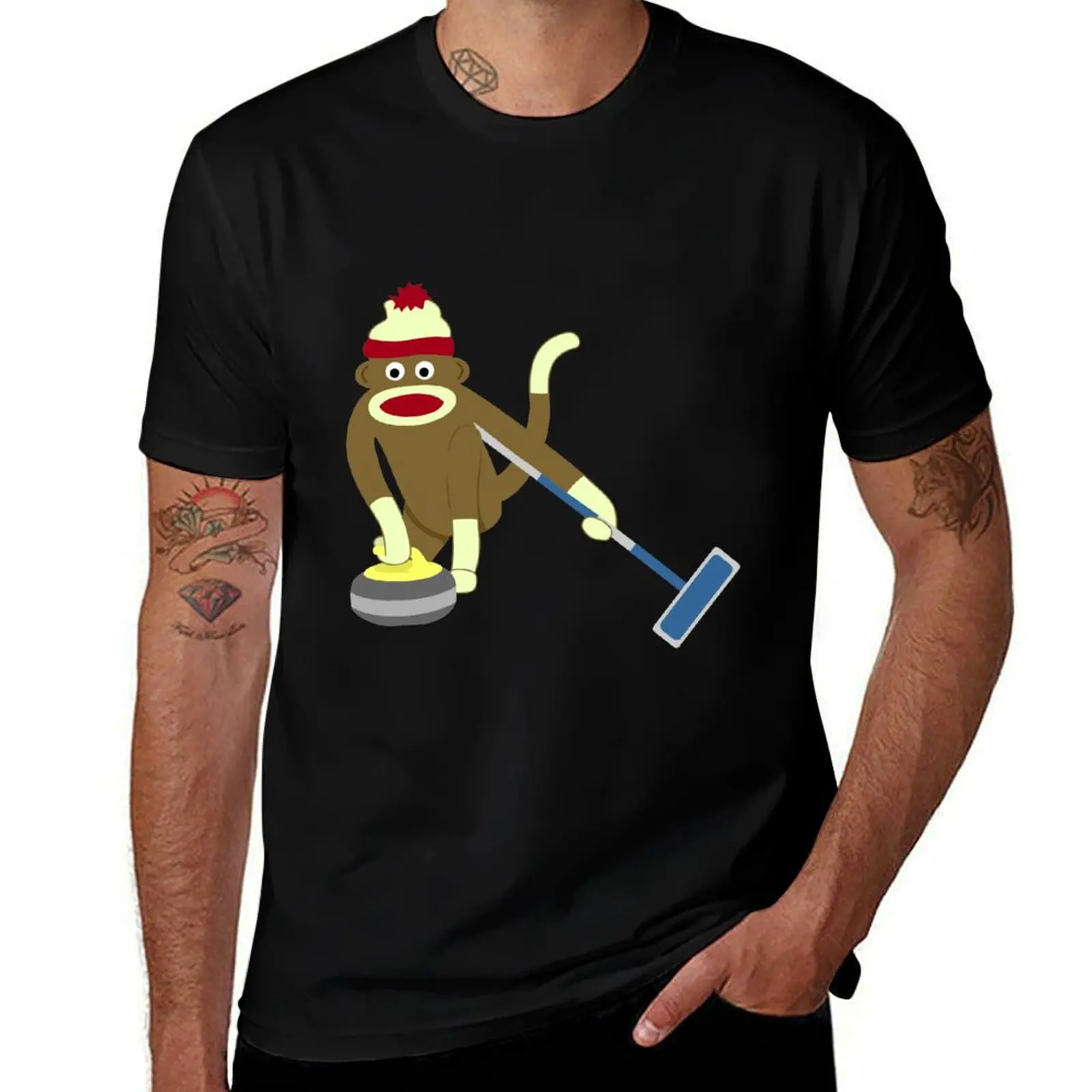 Sock Monkey Curling T-Shirt Utility Casual Work T-Shirt