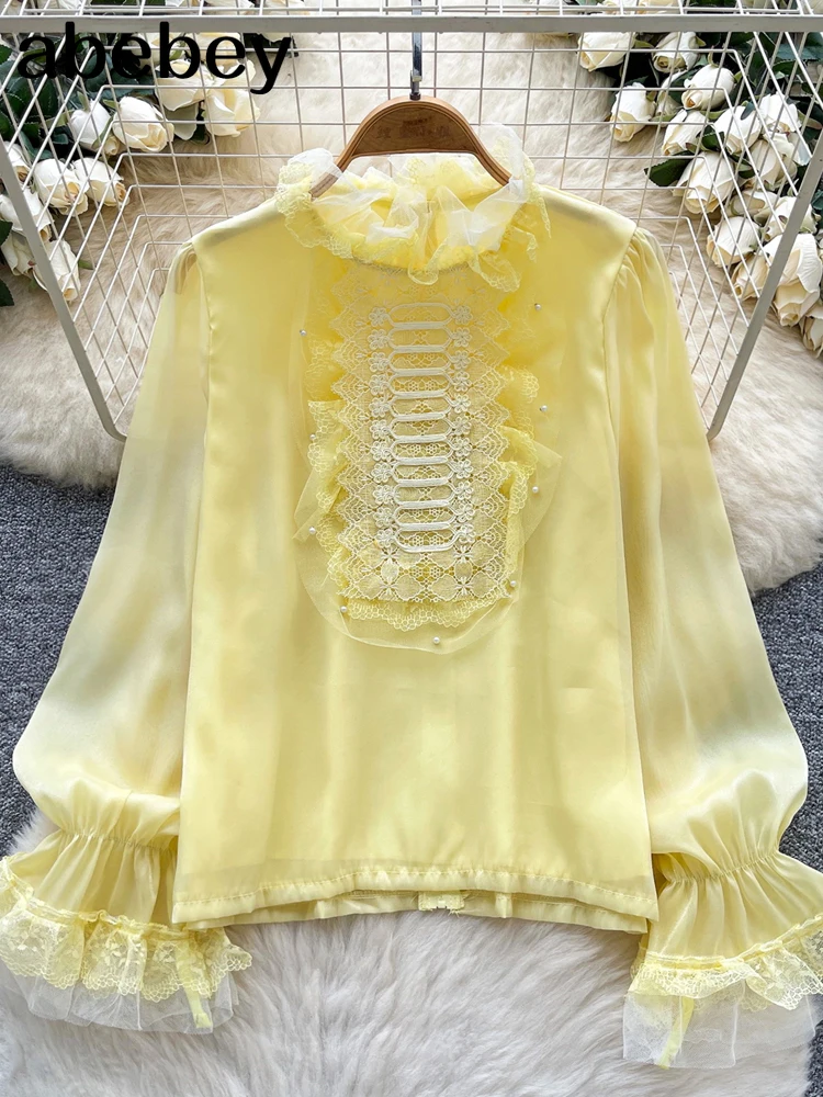 

2026 Loose Beading Stand Collar Ruffles Blouses Chiffon Fresh Blusa New French Style Court Elegant Shirt Fungus All-match Top