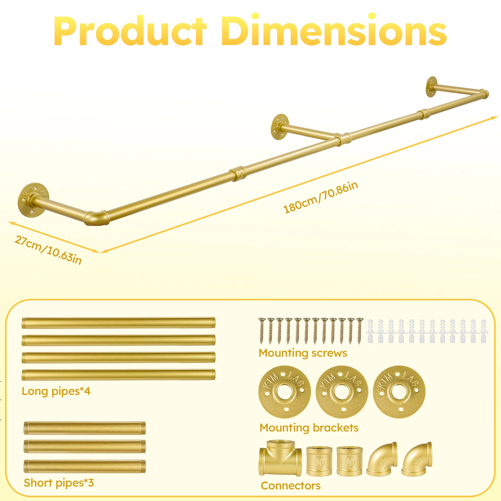 1.8M Wall Mounted Clothes Rail Heavy Duty Industrial Pipe Garment Bar, Vintage Retro Style Towel Holder Rack & Wardrobe Hanging Rod for Bedroom or Laundry Room (Gold)