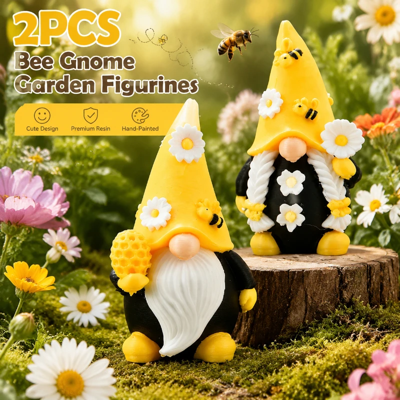 2PCS Bee Gnome Garden Figurines, Cute Resin Fairy Garden Decor Statues for Flower Pots, Patio Lawn Yard Home Decoration