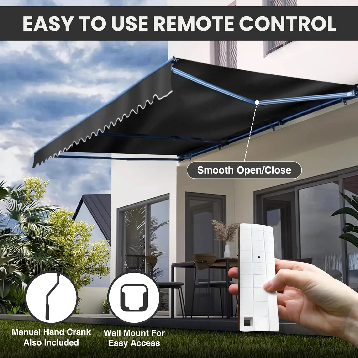 Aleko Motorized Patio Awning | Automatic Remote Controlled | White Frame | Retractable Crank Home Deck Canopy | Upgraded 2024 |