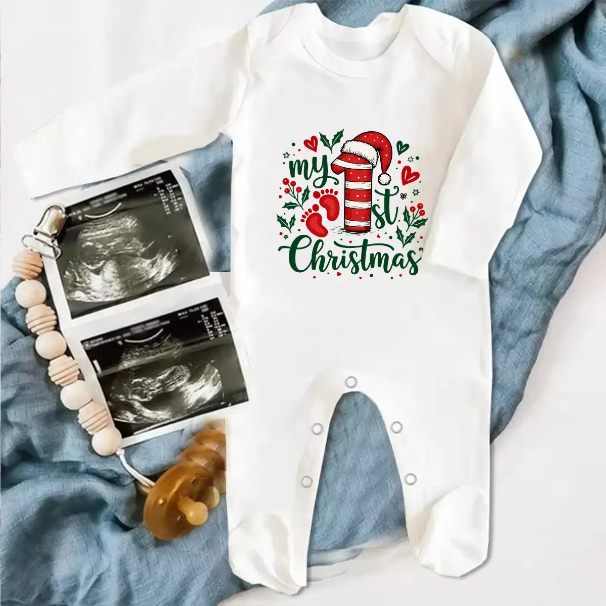 My First Christmas Baby Footed Romper Baby Footprint Santa Hat Print Long Sleeve Newborn Jumpsuit Infant Christmas Outfit Gift