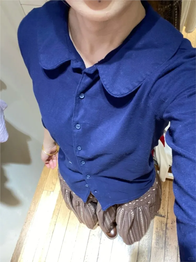 

Милые темно-синие топы BabyDoll на пуговицах, женские новые хлопковые повседневные футболки с отложным воротником и половиной рукавов, женские футболки Y2K в милом консервативном стиле