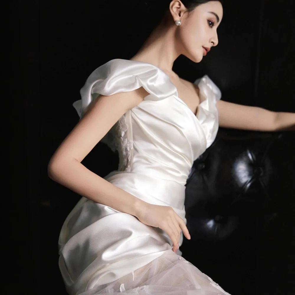 Light Wedding Dress Off Shoulder Mermaid Lace Floral Floor Length White Dress for Bride to be Wedding Engagement