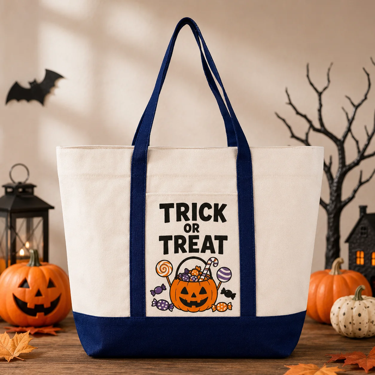 Custom Canvas Shoulder Bag Halloween Moon Ghost Add Name Photo Message Large Capacity Shoulder Tote For Women Family Party Gifts