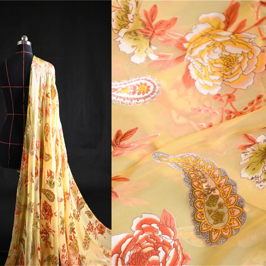 

Yellow Luxury Brand Distressed Silk 138cm Width Fashionable Designer 100% Silk Fabric Satin Making Sewing Materials for Clothing