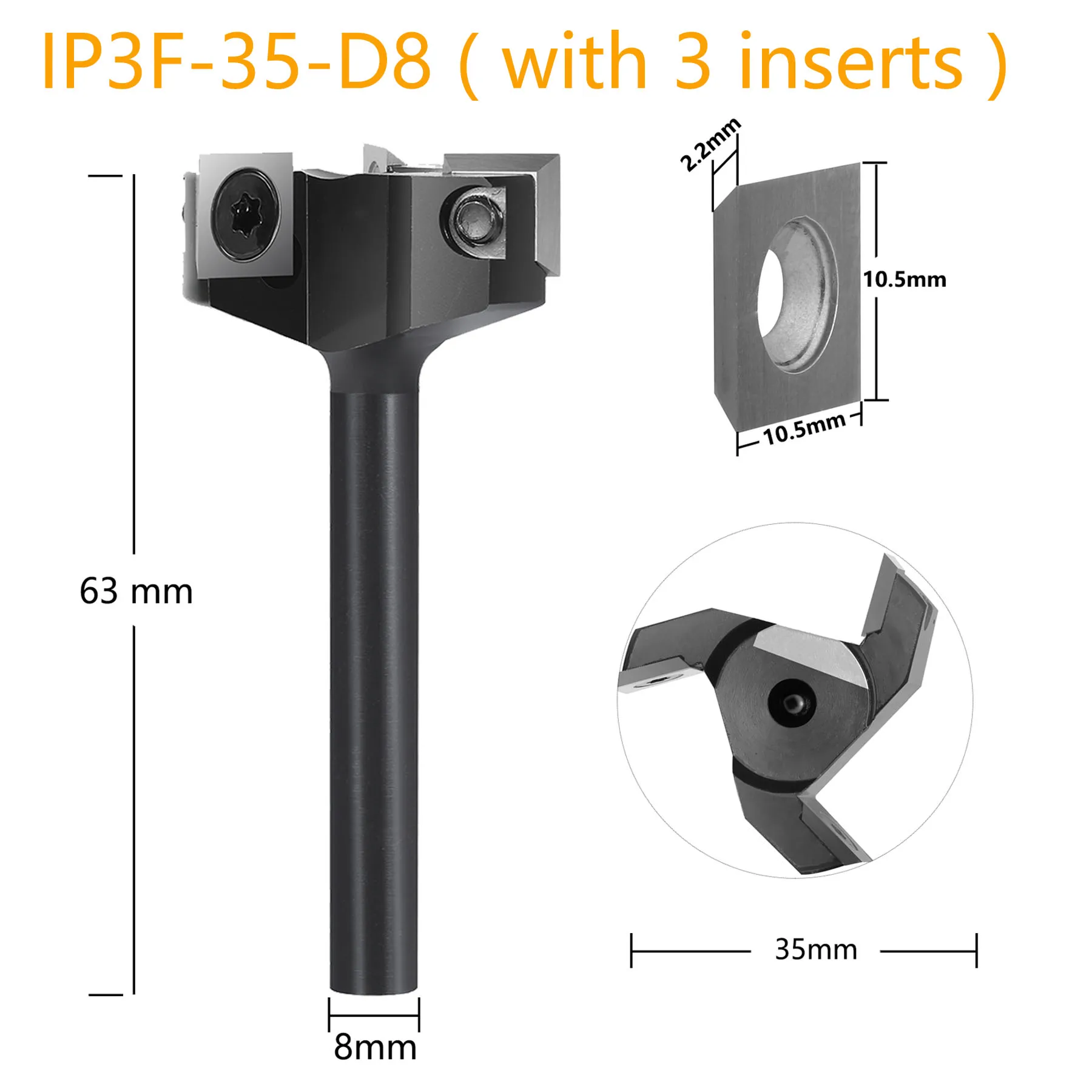Dreanique 3-Fluit Houtschaafbit 35mm 60mm Snijdiameter 8mm 12mm Schacht Spoilboard Oppervlaktefrees Insert Carbide Plaat
