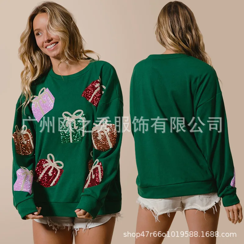 

Sweatshirt Women Pullover Top Sequins Christmas Gift Embroidery Print Patchwork Round Collar Casual Tops Autumn Winter 2025