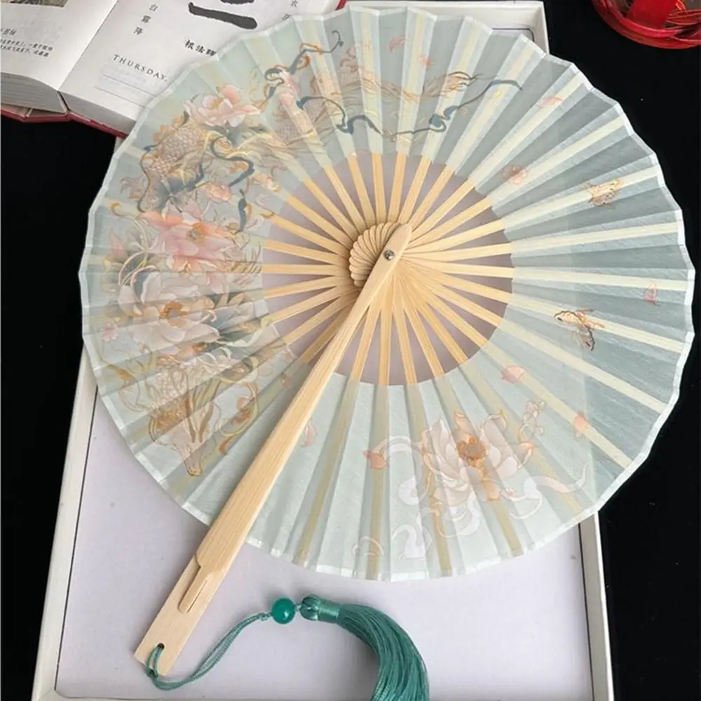 Elegant Handmade Round Bamboo Fan Portable Tassel Collapsible Hand Fan Handheld Lightweight Dance Fan Summer