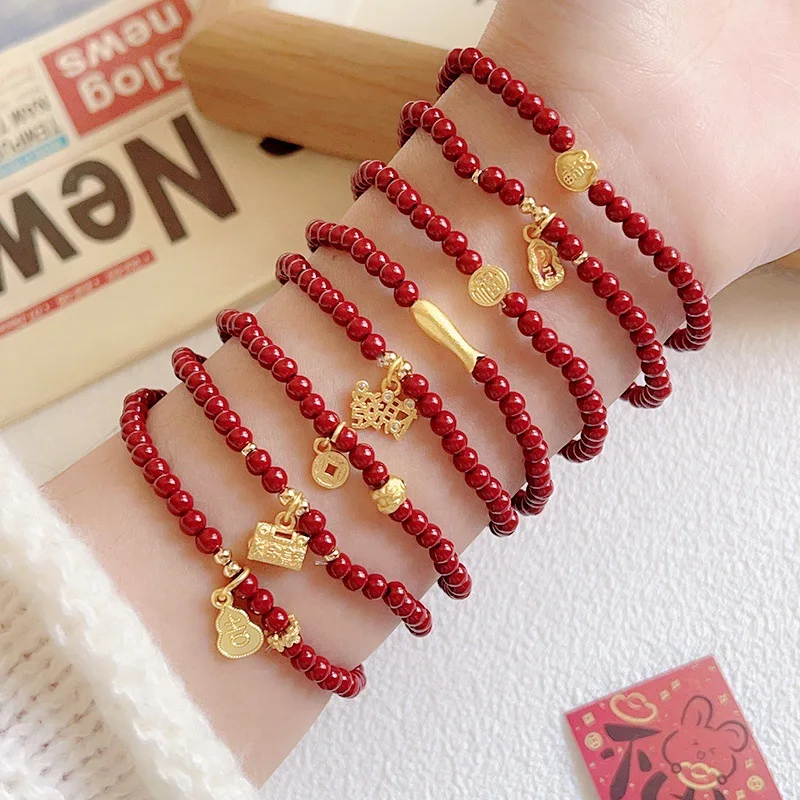 

New cinnabar purple gold sand Ruyi lock blessing character natal year gift very fine stack wearing bracelet woman