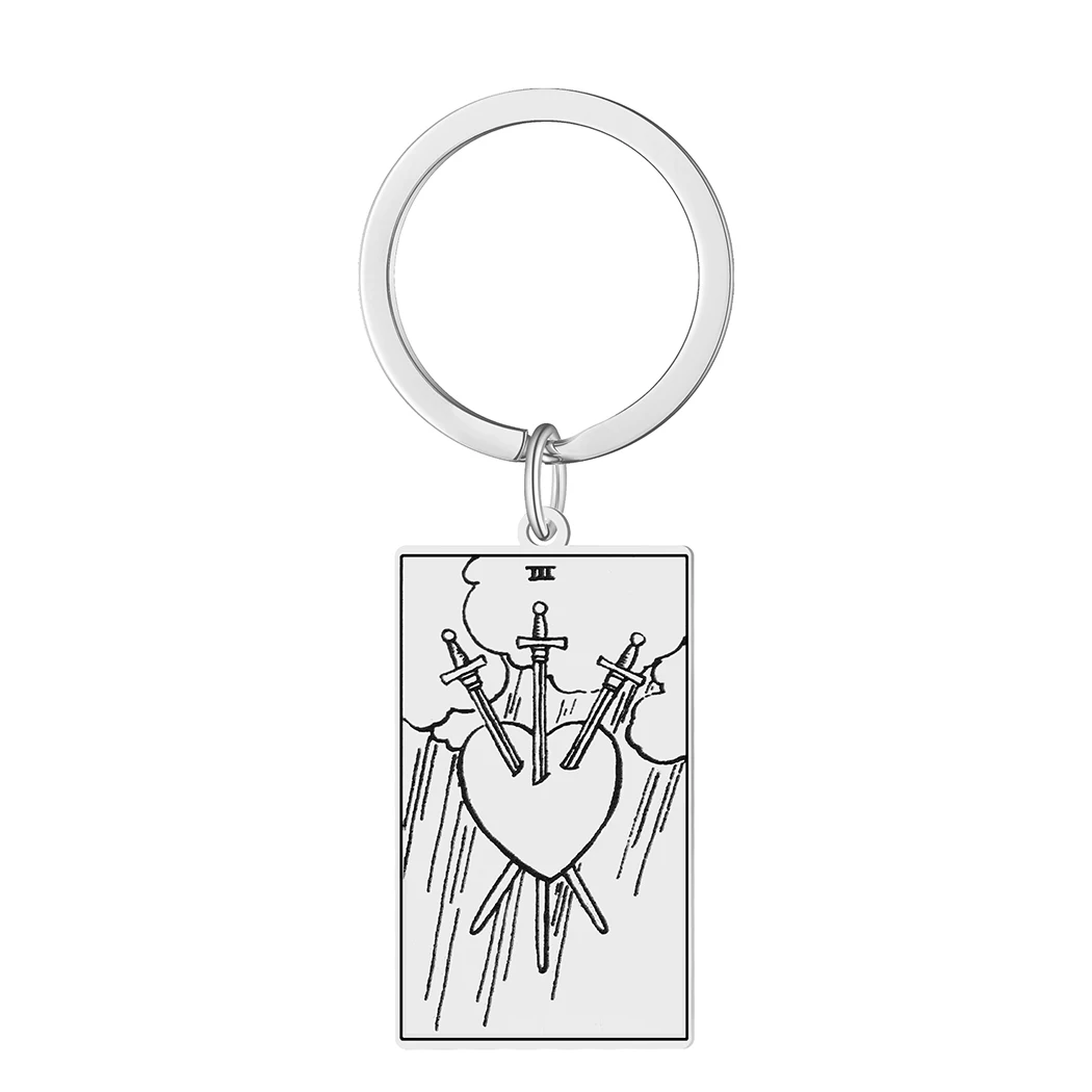 Tarot Amulet Pendant Key Ring Three Swords Piercing Heart Stainless Steel Jewelry Keychain Jewelry Gifts for Men and Women