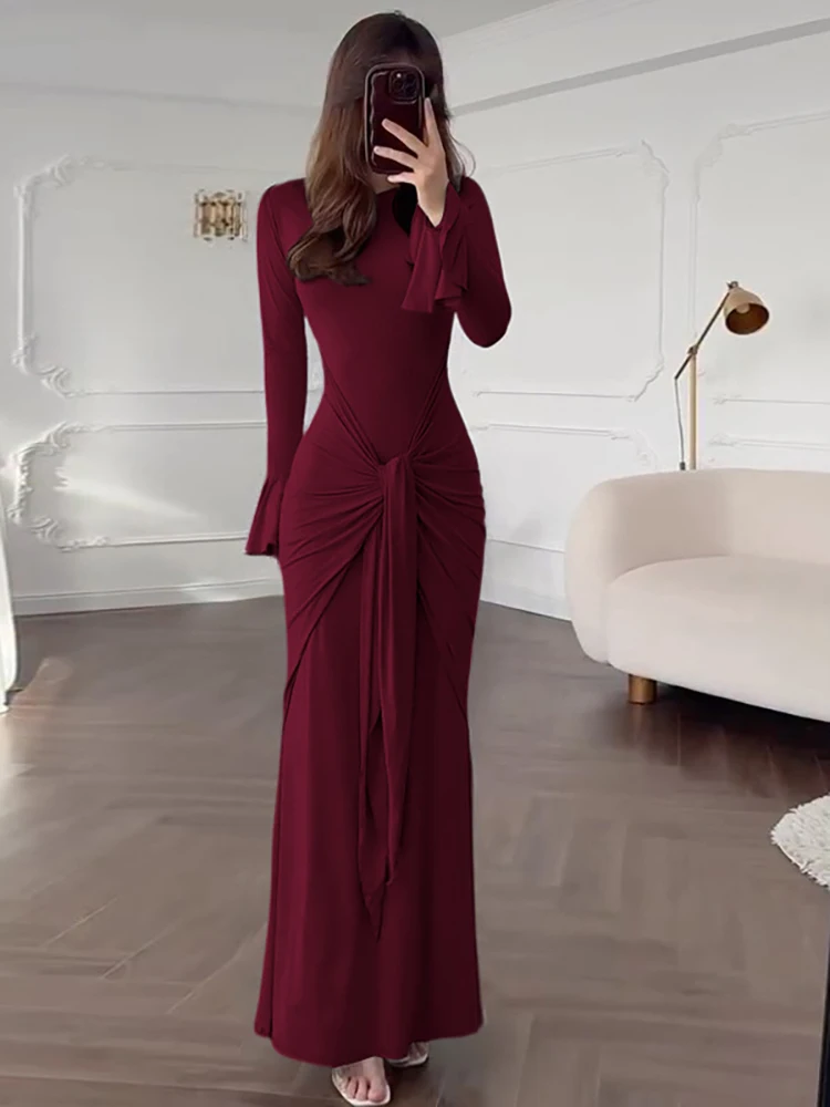 JULISSA MO élégant col rond à lacets femmes robe Maxi marron à manches longues robe drapée automne maigre robe de soirée robes