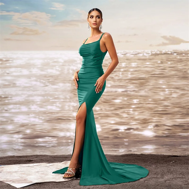 Robe de bal à Double bretelles pour femmes, fente haute, col carré, jupe de soirée fendue haute, nouvelle mode, robe de soirée de Club verte 2025