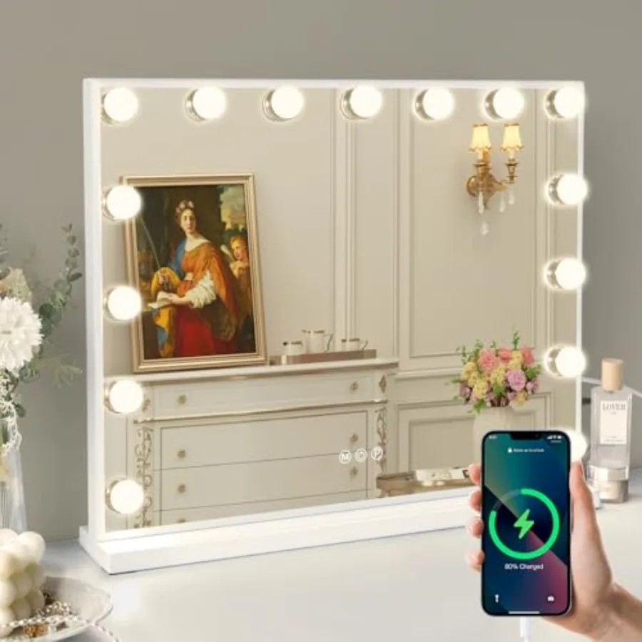 

Vanity Mirror with Lights, 22.8"x 18.1" Hollywood Makeup Mirror with 15 LED Dimmable Bulbs Lighted USB Charging Port 10X Magnif