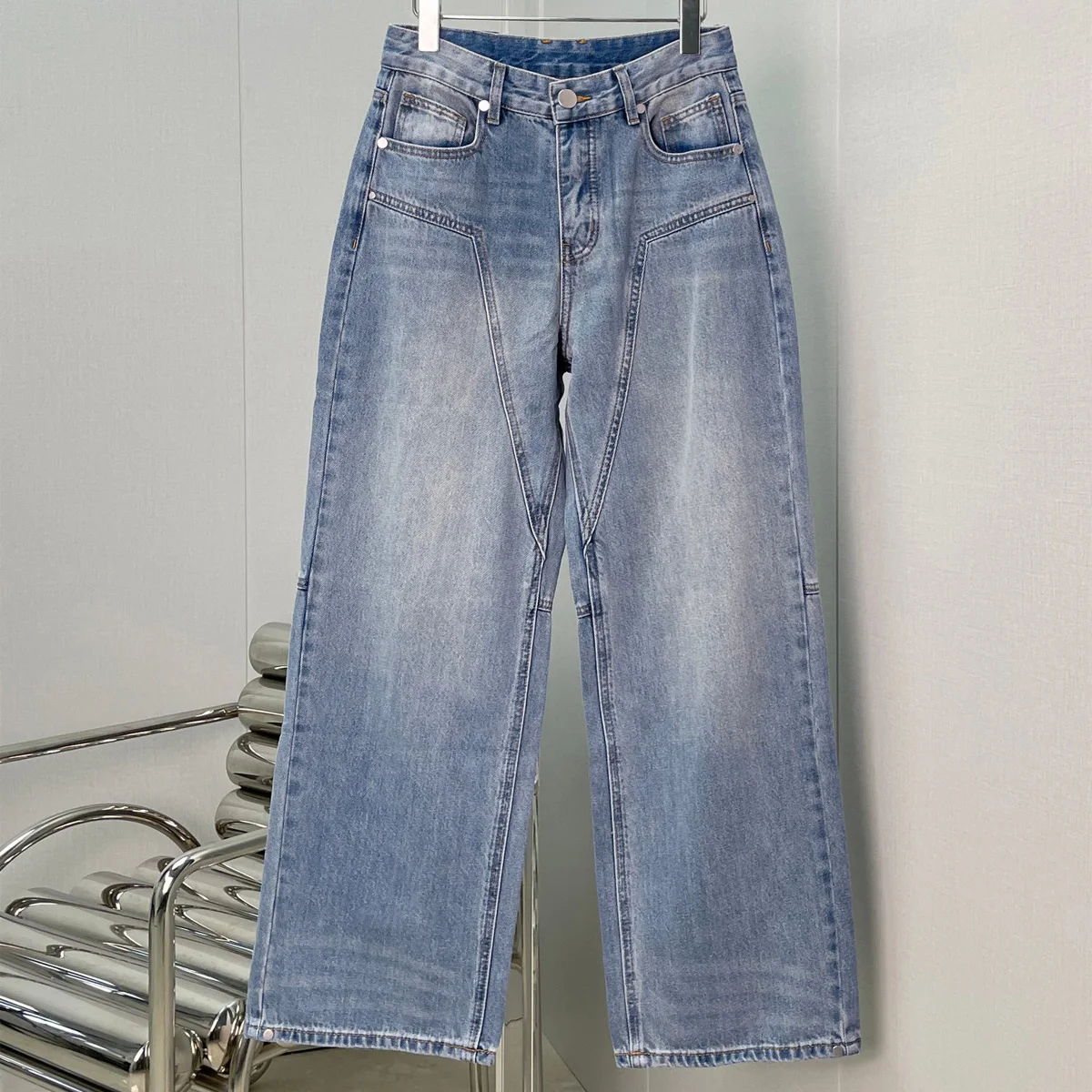 High Quality Women High Waist Stitched Wide Leg Jeans Vintage Washed Straight Denim Pants lyt133809