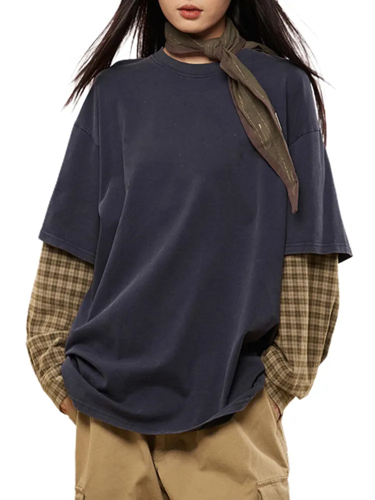 

New Harajuku Plaid Hip Hop T-shirts Men Women Autumn Cotton Fake Two Piece Long Sleeve Loose Tshirt Female