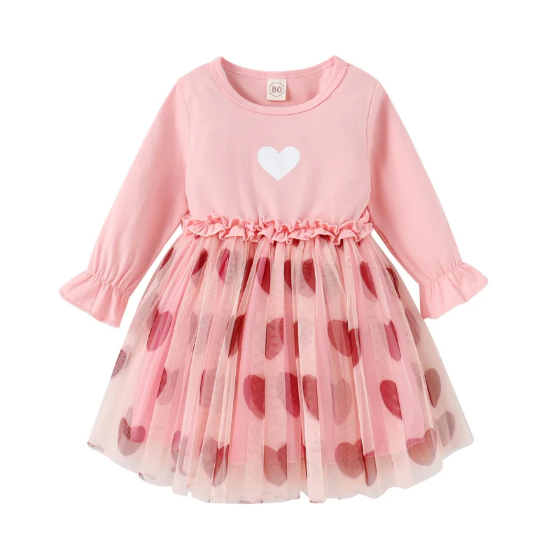 

Children's Clothing for Toddlers and Young Children Spring and Autumn Princess Pink Mesh Long Sleeve Heart Dress Valentine's Day