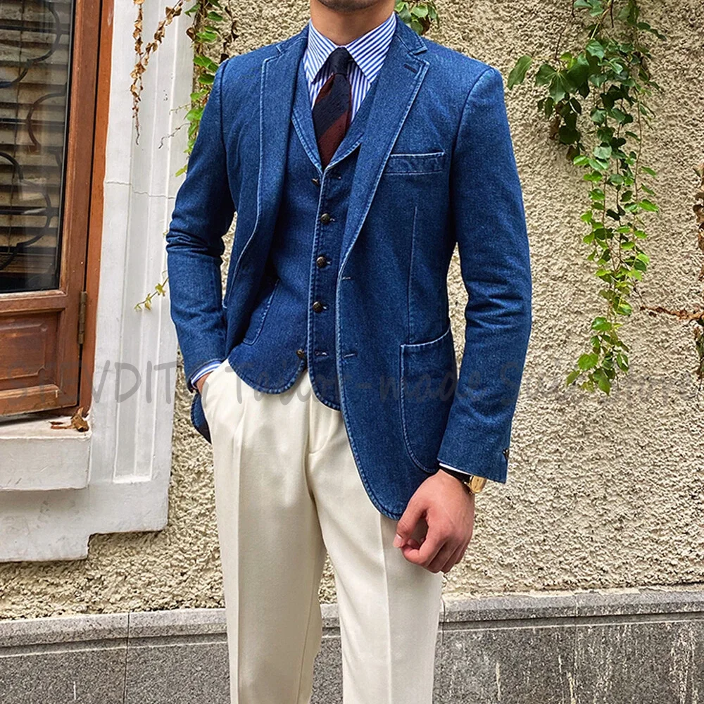 

Blue Denim 3 Piece Men Suit Set(Blazer+Vest+Pants) Notch Lapel Italian Style Casual Smart Outfit for Business Wedding Daily Wear